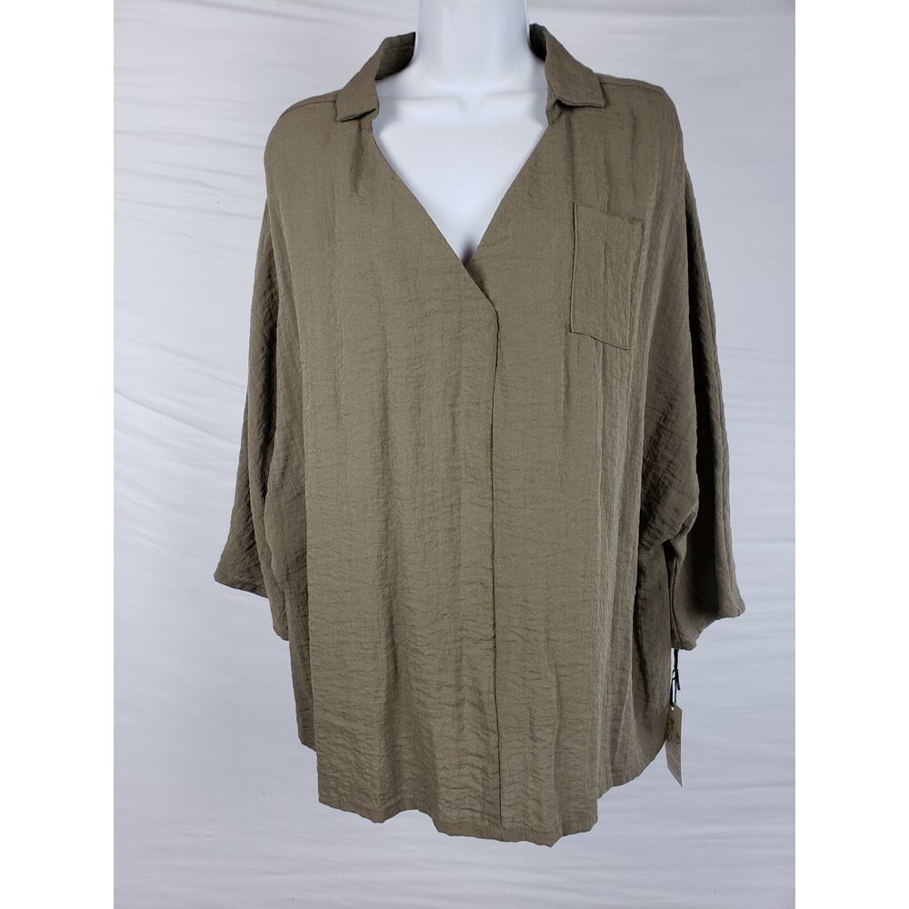 Harriet's San Francisco Green Loose Lagenlook Collared Shirt‎ O/S Linen Cotton